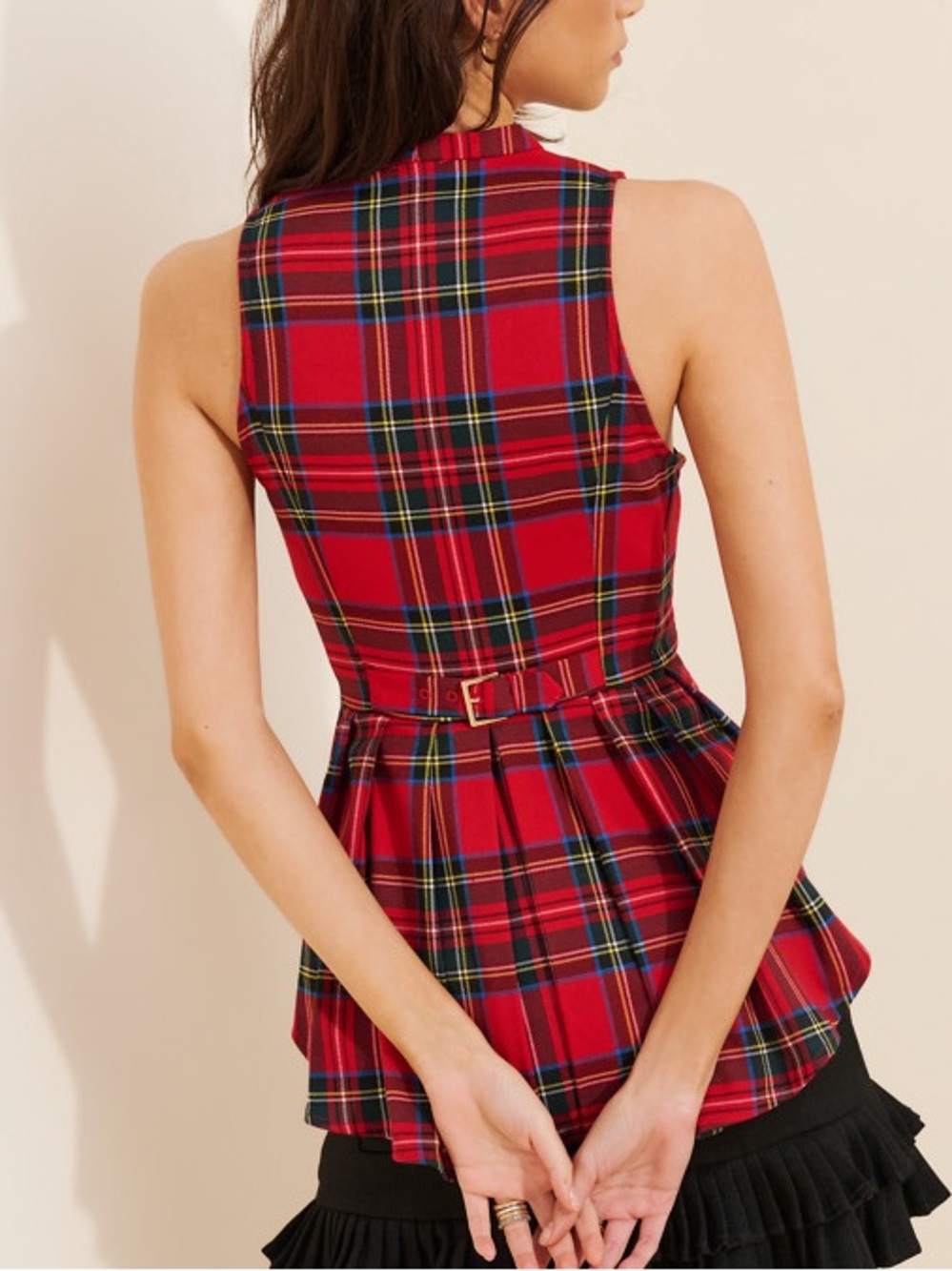Anthropologie Maeve Viki Waisted Sleeveless ZipFront Red Plaid Peplum Top Celtic - Picture 3 of 11